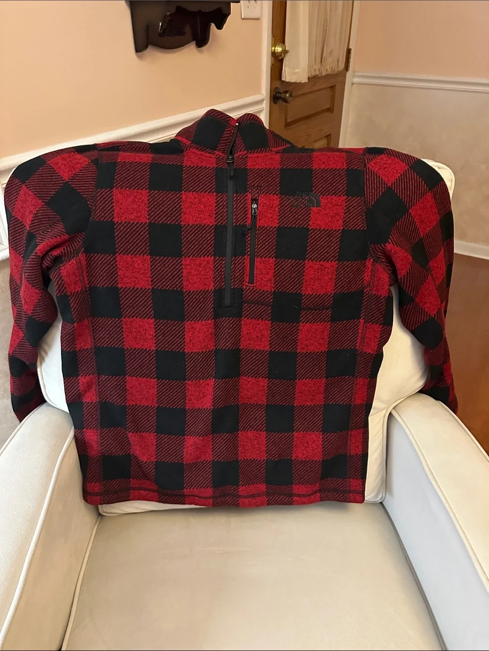 The North Face Red and Black Plaid Fleece 1/4 Zip Jacket - Size Large